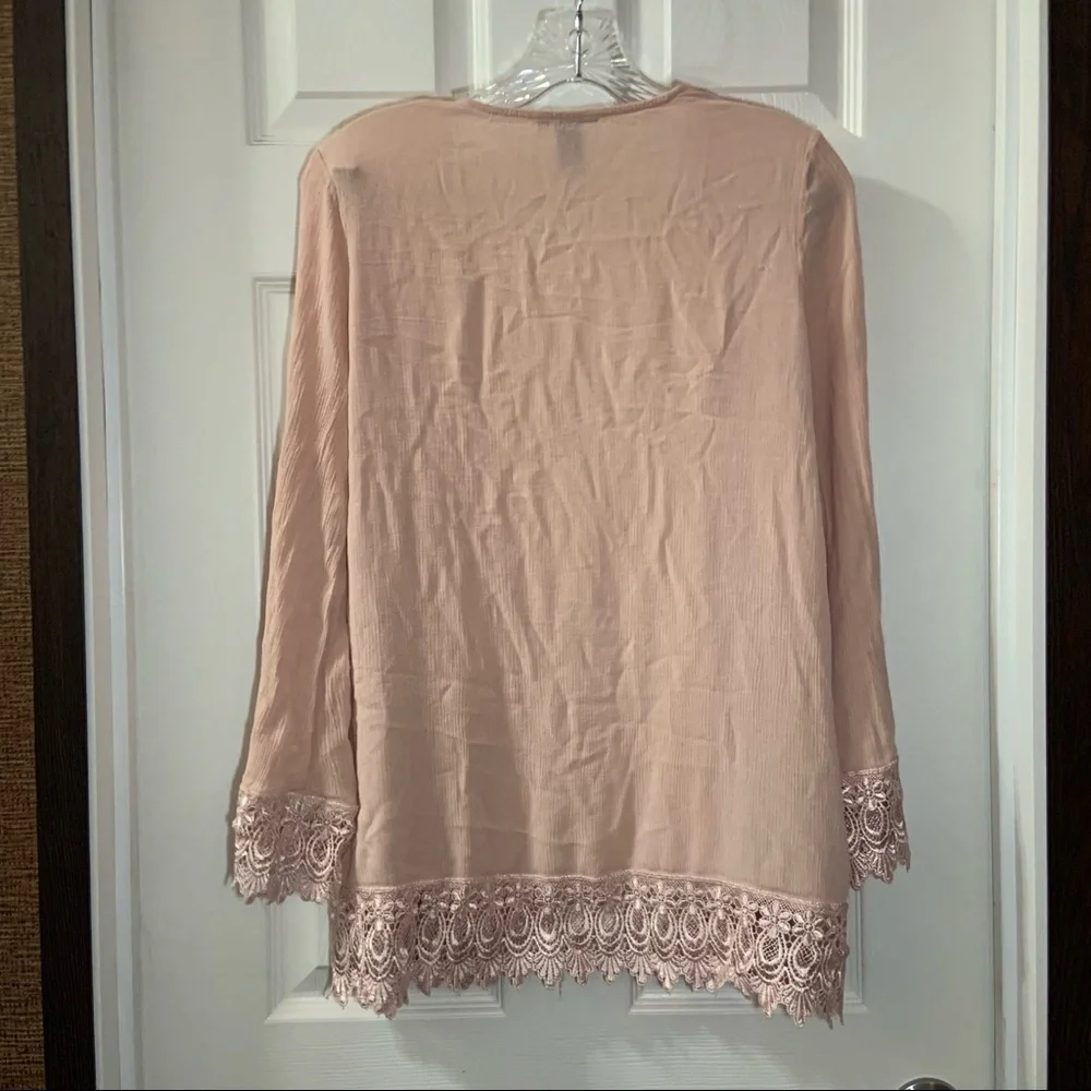 Forever 21 Peach/Pink Open Front Lace Crochet Trim Kimono Small - Picture 7 of 7